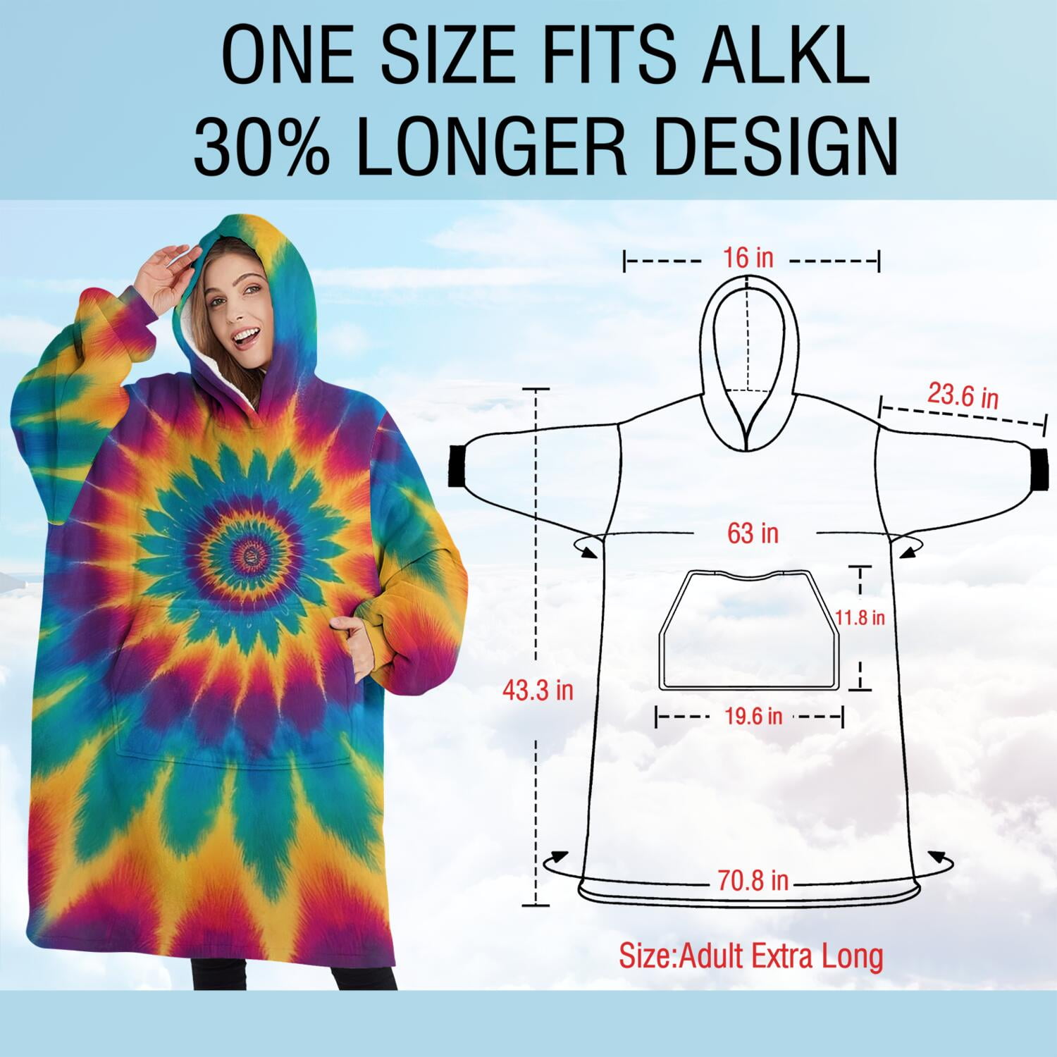 Oversized Wearable Blanket Hoodie,Colorful Tie Dye Mandala Pattern Sherpa Blanket Hoodie with Super Pockets,Super Warm Fuzzy Pullover for Women & Men
