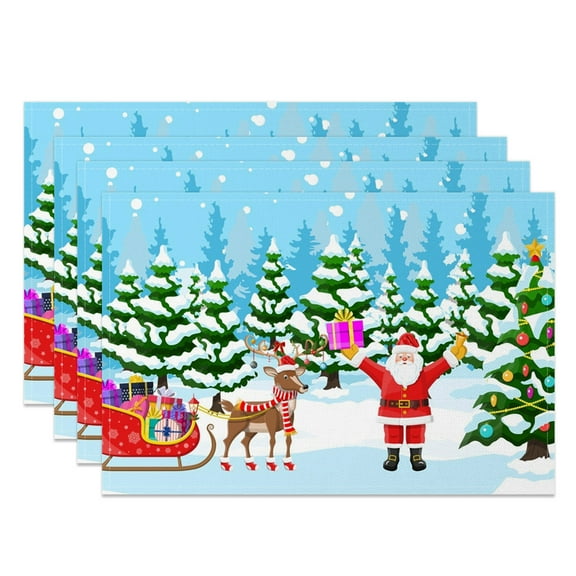 SUNOLIFE Merry Christmas Placemats Set of 4,Santa Claus Xmas Tree Table Place Mats 12x18 inch