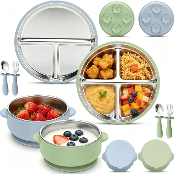 8-Piece Stainless Steel Kids Plates & Bowls Set with Suction Base, A Complete Feeding Set with Removable Silicone Sleeves, Dishwasher Safe