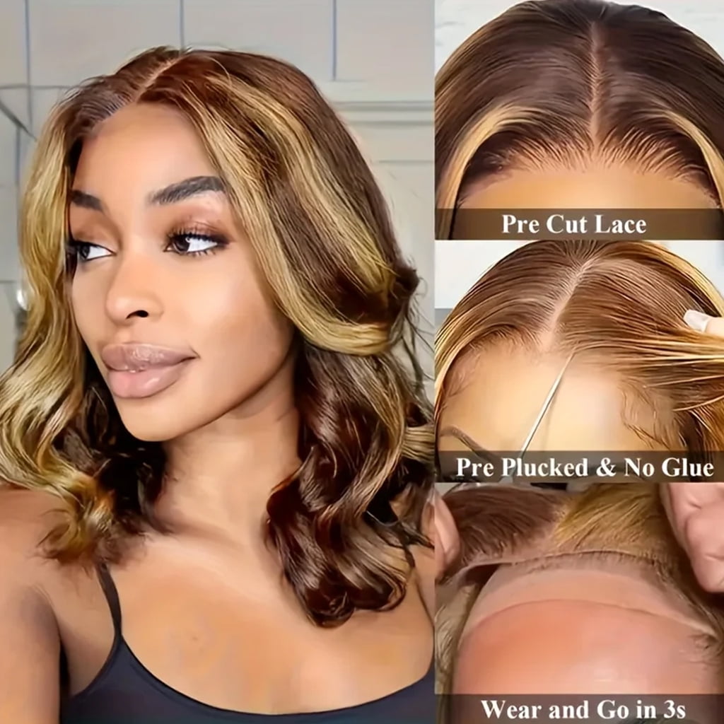 SUCS Short Bob Body Wave Lace Front Wigs Human Hair For Women Highlight Ombre Blonde Brown 13x6x1 T Part Hd Transparency Lace