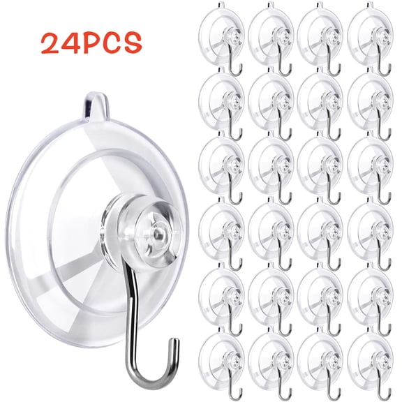 24Pack Suction Cup Hooks, 1.77Inch Clear Medium Suction Cups with 10LB Load, No Trace, Reusable and Removable, Stainless Steel Hooks, for Tile, Glass, Window, Shower, Kitchen, Bathroom