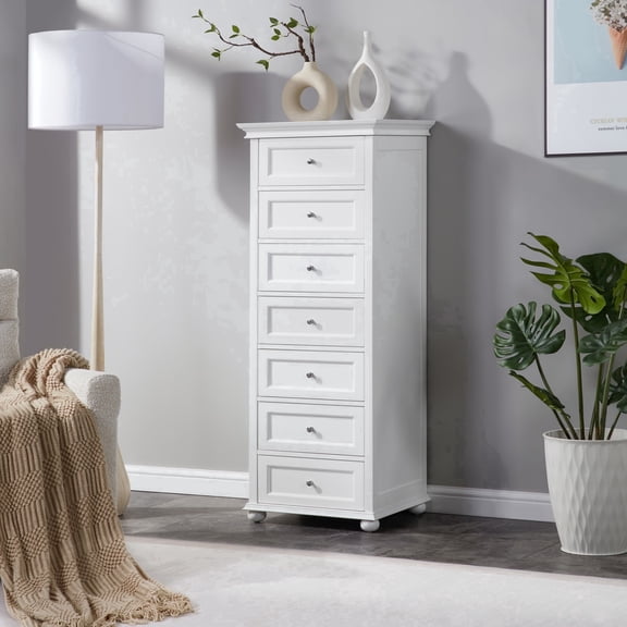 BOUQUETYZ Tall Skinny White Dresser with 7-Drawer, Tall Narrow Chest of Drawers for Bedroom, Solid Wood Legs & Silent Metal Glides, 52" H