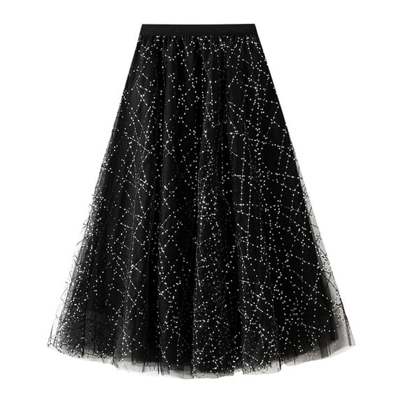 Ediodpoh Sparkly Skirt for Women Mid Length Sequin Dance Party A Line High Waisted Holiday Party Pleated Half Skirt Long Skirts for Women Black_001 One Size