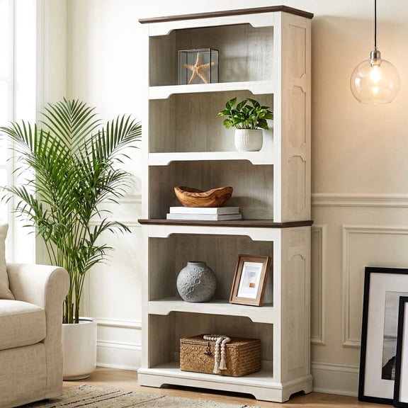 Farmhouse 5-Tier Open Bookshelf, Vintage White & Brown Wood Finish, Freestanding Tall Storage Bookcase for Living Room, Home Office