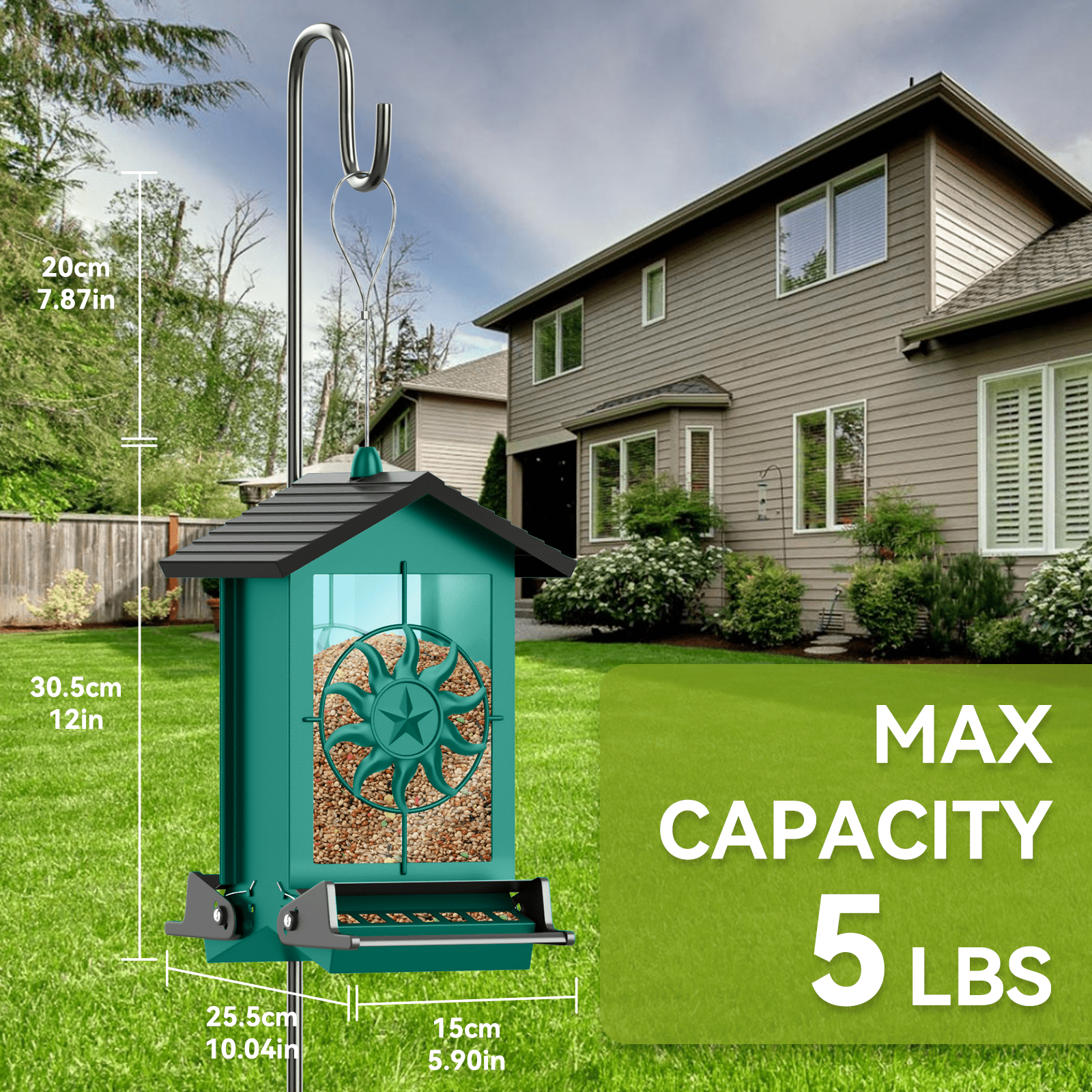 Squirrel Proof Bird Feeder for Outdoors Hanging, Metal Wild Bird Seed Feeder with Bilateral Weight-Activated Perches, 5LB Large Capacity Wild Bird Feeders for Outside Finch, Cardinal, Blue Jay