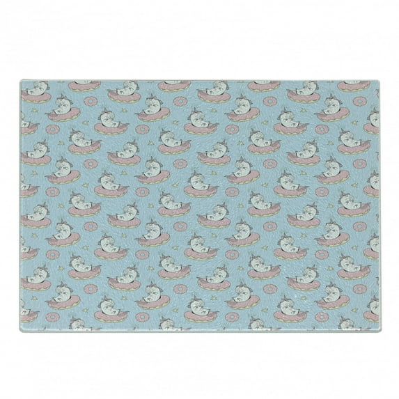 Unicorn Party Cutting Board, Cartoon Mythical Animals Sleeping on Doughnuts with Stars, Decorative Tempered Glass Cutting and Serving Board, Small Size, Pale Pink Pale Blue, by Ambesonne