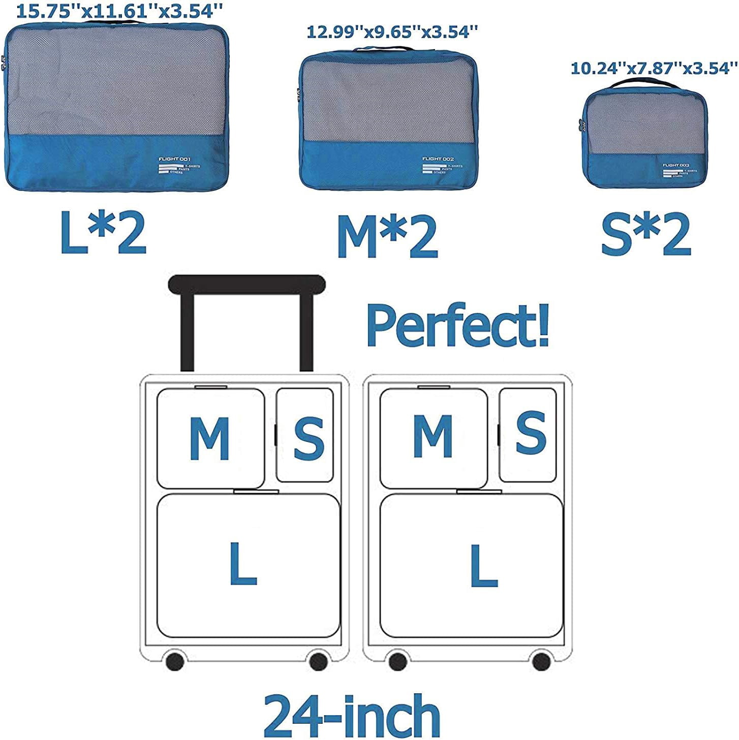6-Piece Packing Cubes Set – Travel Luggage Organizers, Lightweight Nylon – 2 Large + 2 Medium + 2 Small Sizes – Breathable Mesh, Strong Zipper – Black/Navy Blue/Gray/Sky Blue