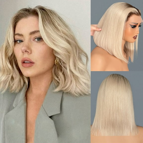 Balayage Ash Blonde Bob Wigs Human Hair Pre Plucked  Ombre Highlight Straight Short Blonde Bob with Brown Dark Roots HD Remy Hair 13x4 Lace Front Colored Wig Human Hair for Woman 12In 180%