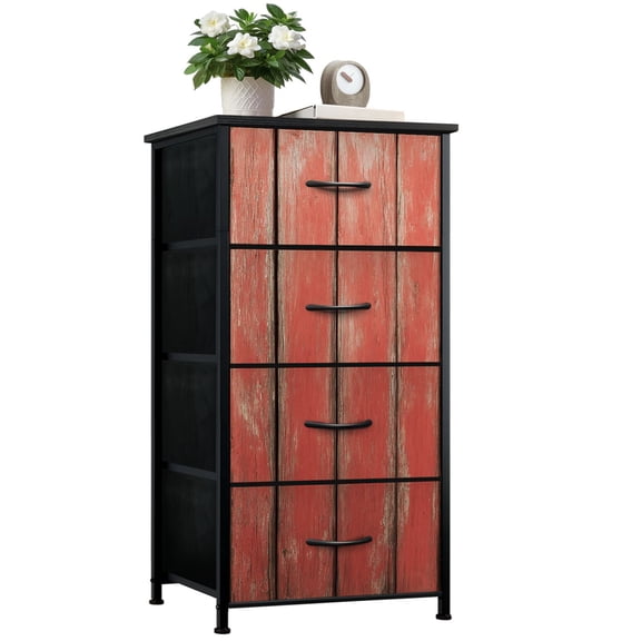 Dresser for Bedroom with 4 Storage Drawers Old Red Obsolete Wooden Board Dressers Chest of Drawers Steel Framed Fabric Closet Organizers for Living Room Hallway Entryway Closet Dorm