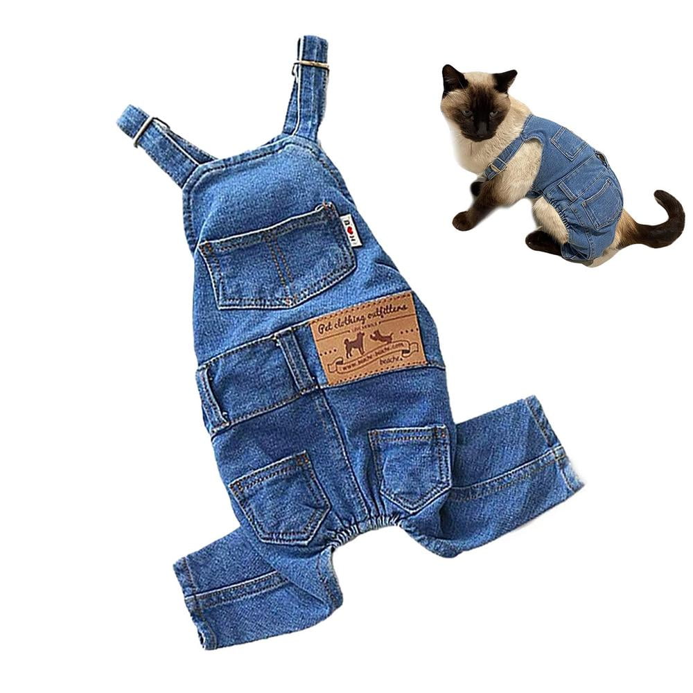 Pet Clothes Denim Dog Jeans Striped or Grid Jumpsuit Overall Hoodie Coat for Small Medium Puppy Cat 