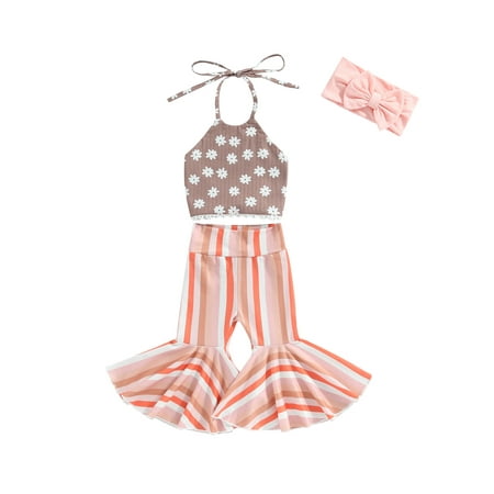

wybzd Kids Girl Summer Boho Clothes Set Floral Print Halter Vest + Flare Pants + Bow Headband Beach Outfit Pink 1-2 Years