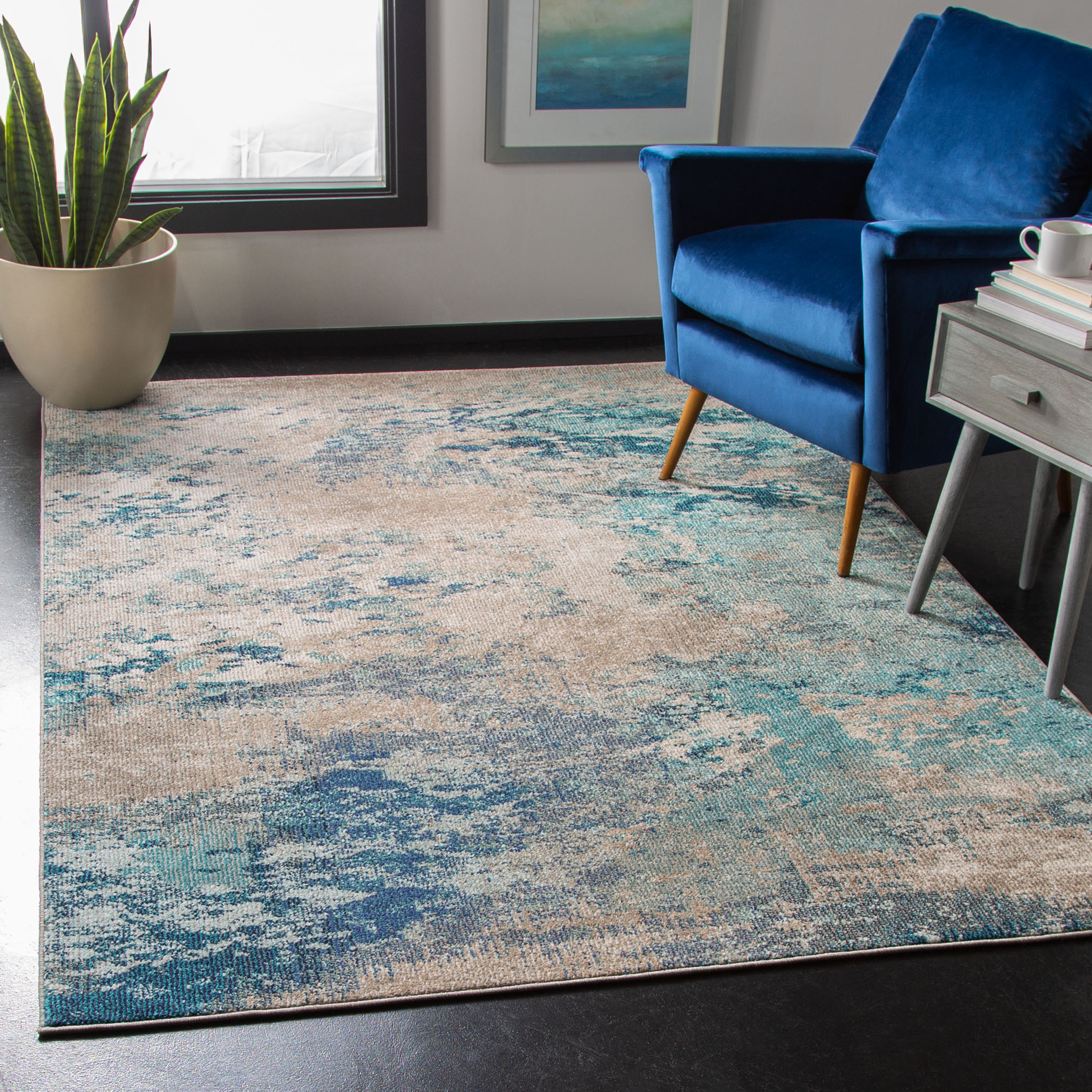 SAFAVIEH Madison Oscar Abstract Distressed Area Rug, Blue/Grey, 4' x 4' Square - image 2 of 7