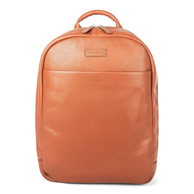 Blackbook - Horizon 2 - Leather Backpack in warm brown pebble grain leather with a front slip pocket, top handle, padded shoulder straps, and luggage trolley sleeve, ideal for business and travel.