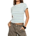thumbnail image 5 of YVNAURA Women's Basic Striped Tee Crewneck Slim Fit Short Sleeve Ribbed Knit T Shirts 2026 Summer Lightweight Breathable Stretchy Fitted Tops for Women Cute Casual Daily Beach Vacation, Blue,L, 5 of 8