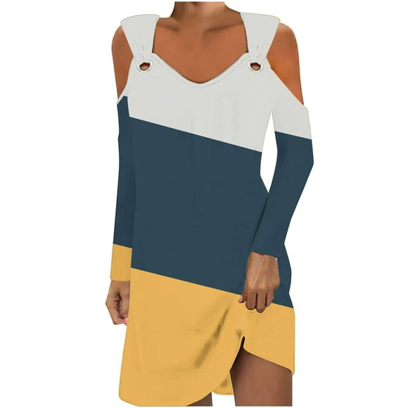 cfhntfmh Women's Fall Long Sleeve Dress Casual Cold Shoulder V Neck Short Dress Loose Cozy Color Block Dresses