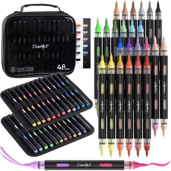 JusArt Acrylic Paint Markers, 48 Colors Brush Tip Acrylic Marker Set, 24 Dual-Tip Water-Based No-Bleed Markers with Automatic Ink Control for Wood, Rock, Fabric, Canvas, Glass, Metal,DIY Crafts
