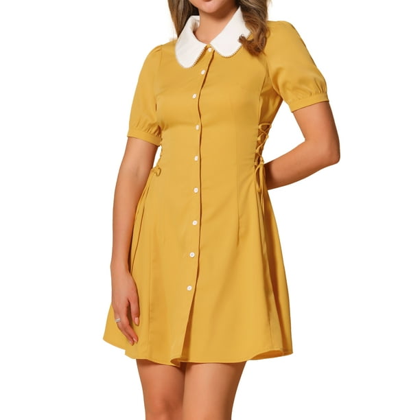 Vestido de mujer con cuello Peter Pan de contraste y botones, con cordones, color amarillo
