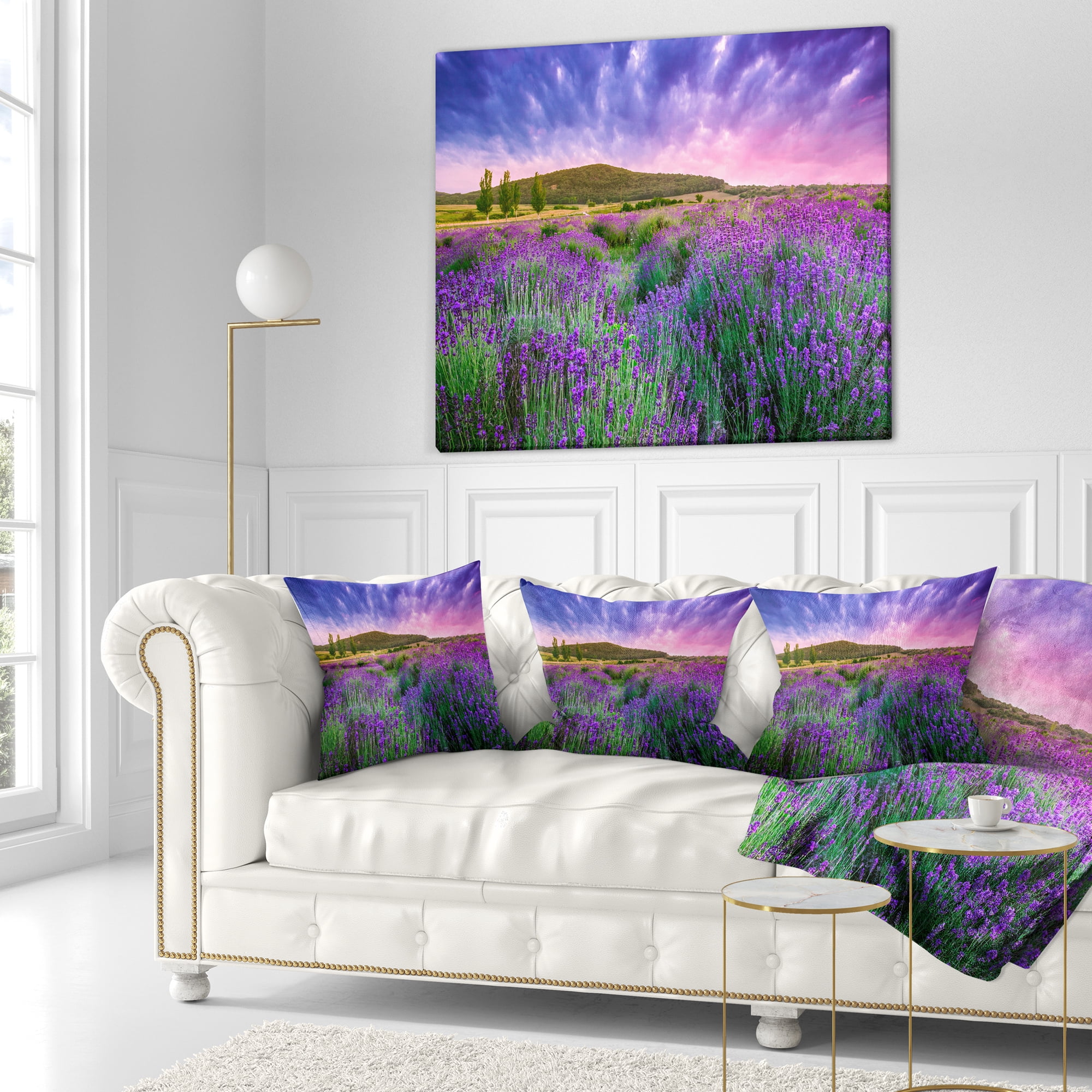 Designart Summer Lavender Field in Tihany - Modern Landscape Printed Throw Pillow - 18x18