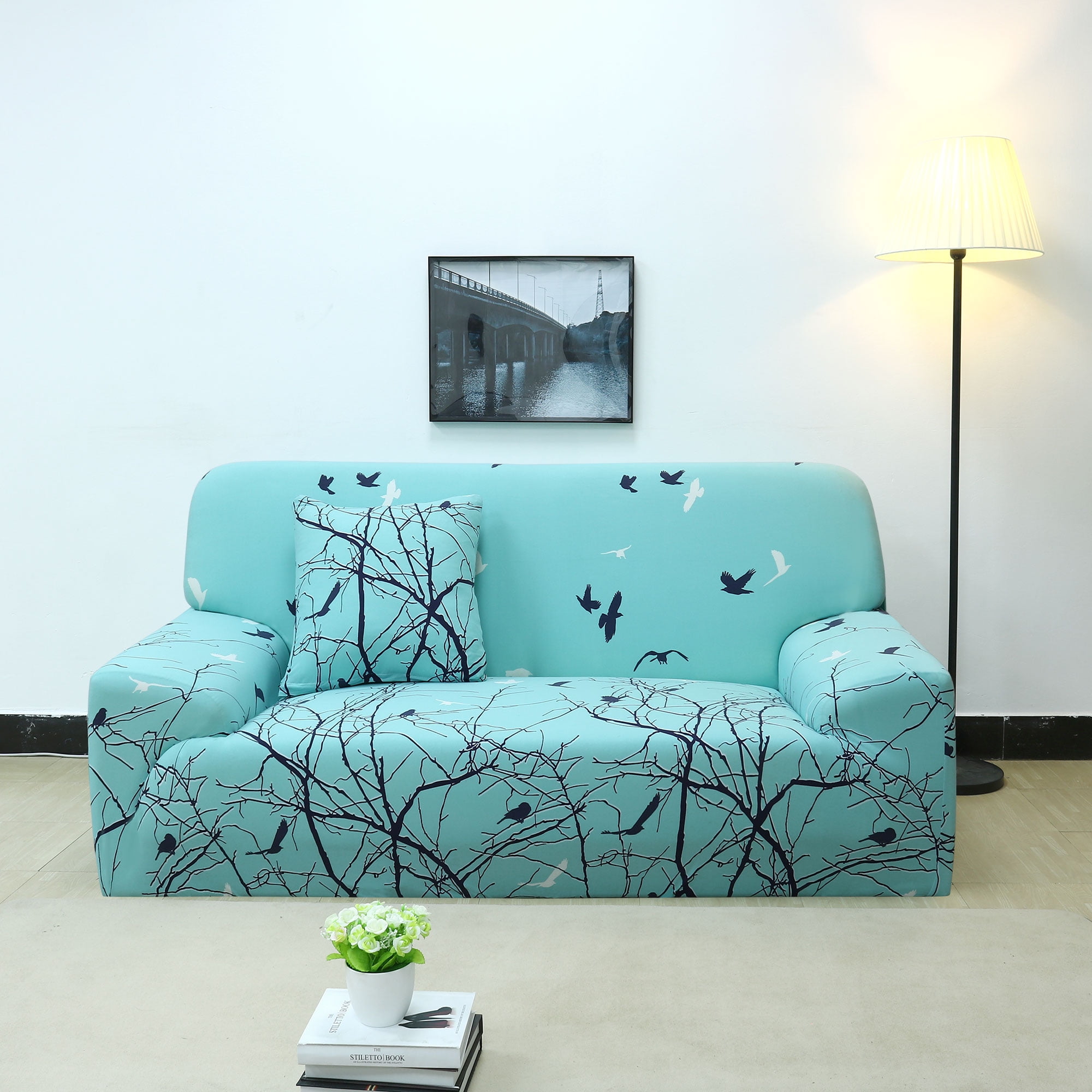 Leaves, 3 Seater 185cm-230cm WONGS BEDDING Leaves Printed Sofa Cover for 3 Seater 1-Piece Soft Polyester with Elastic Bottom Couch Slipcover Universal Fitted Sofa Slipcover Furniture Protector