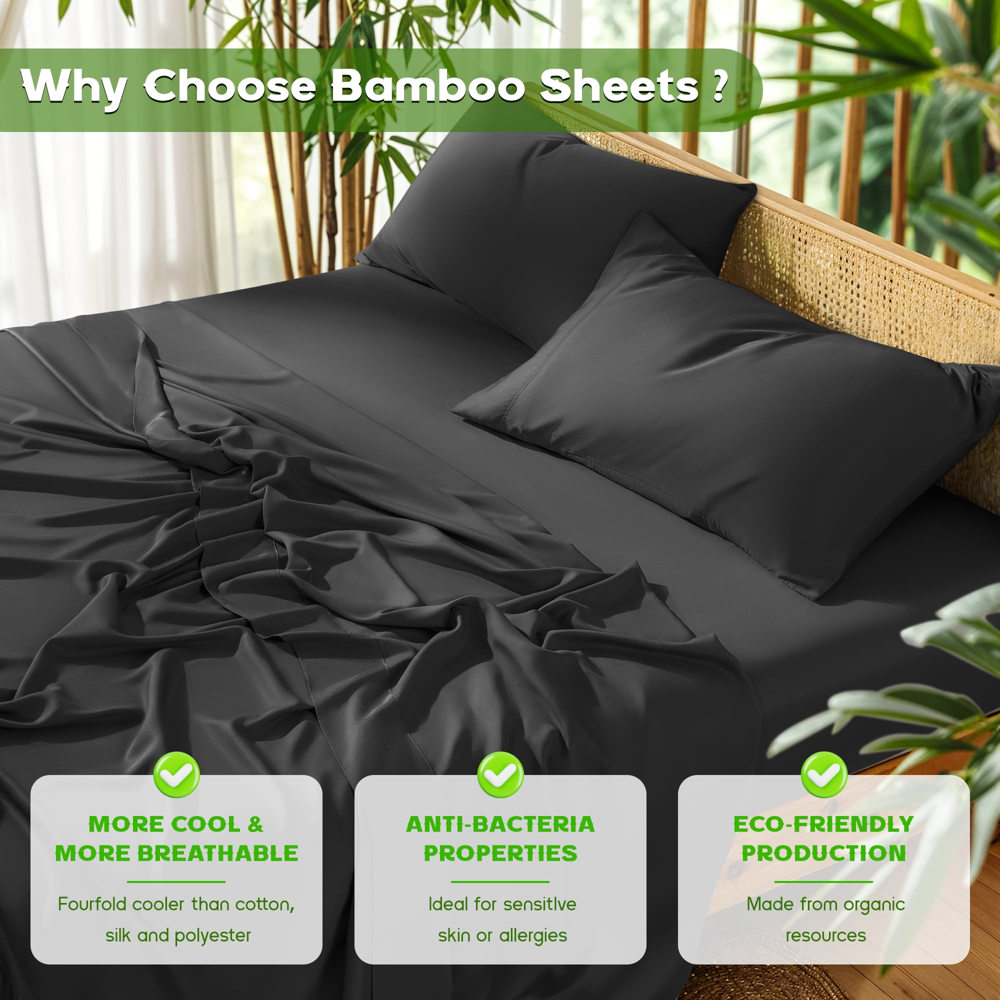 Sonoro Kate Luxury Cooling Bamboo Bed Sheet Set - Deep Pockets - 4 Piece, California King, Black