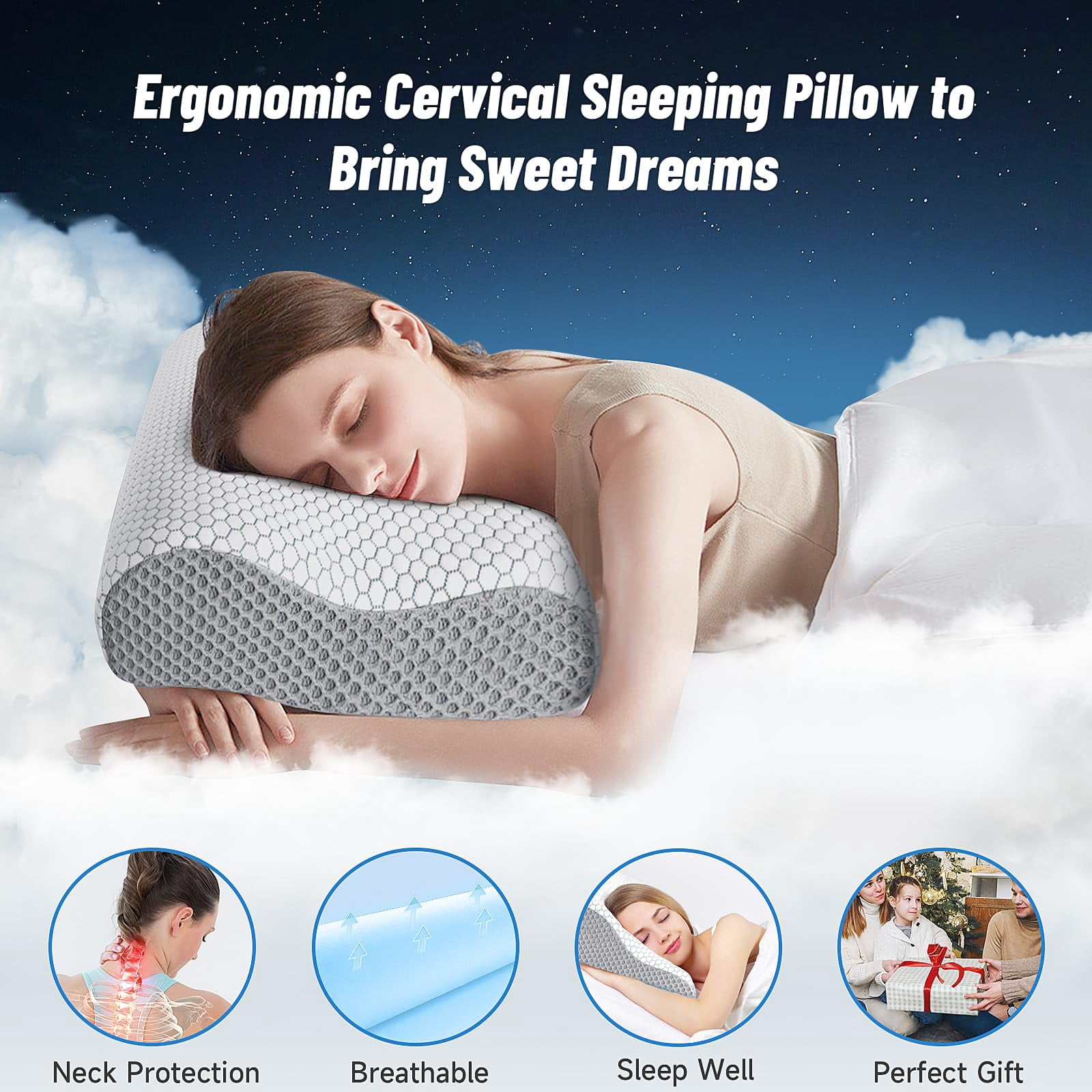 TESFLY Cervical Neck Pillow for Pain Relief, Contour Memory Foam Pillows for Sleeping, Odorless Ergonomic Pillow Adjustable Orthopedic Cooling Pillow Bed Pillow