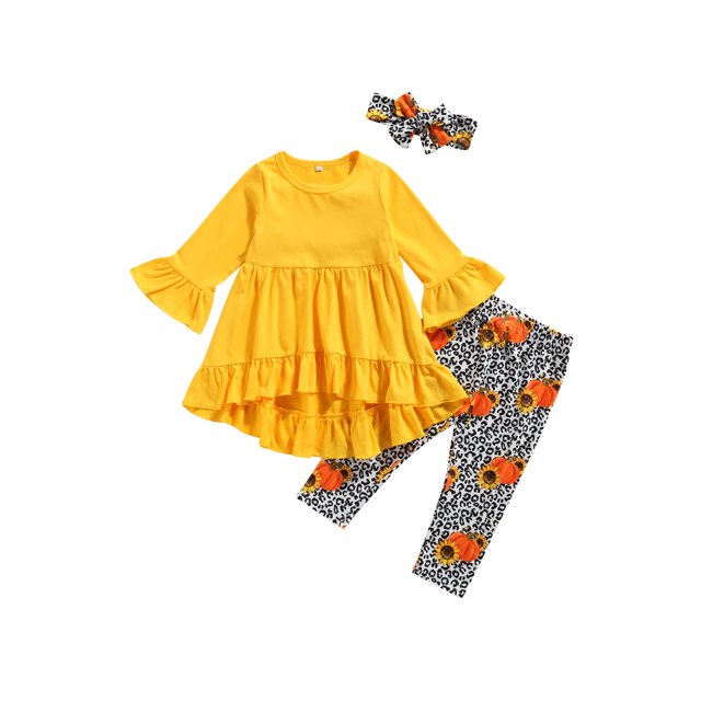 FOCUSNORM Kids Tracksuit Flared Sleeve Blouse+Pumpkin Print Pants+Hairband