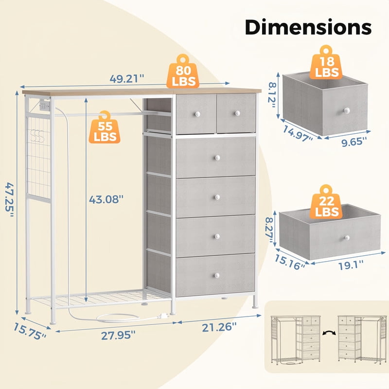 Kelno 6 Drawer Dresser with Hanging Rack LED Lights Charging Station Fabric Closet Organizer Storage Tower, Light Gray
