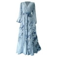 thumbnail image 3 of Women'S V Neck Floral Printed Pleated Dress Long Sleeve Flowy A Line Party Maxi Cocktail Dresses Light Blue XXL, 3 of 7