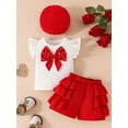 thumbnail image 3 of BemeyourBBs Toddler Baby Girl Summer Fall Spring Clothes Infant Baby Girls 2 Peice Outfit Shorts Set Cute Vintage Little Girls Short Sleeve Pearl 3D Bowknot T-Shirt Ruffle Shorts Beret Hat, 3 of 8