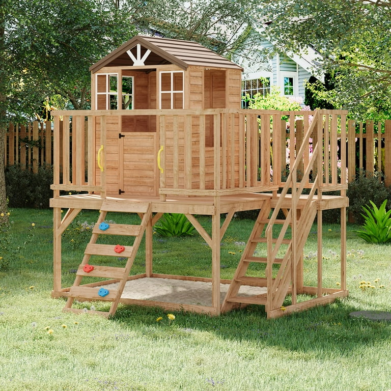 Studyset Elevated Cedar Wooden Kids Playhouse with Step Ladder