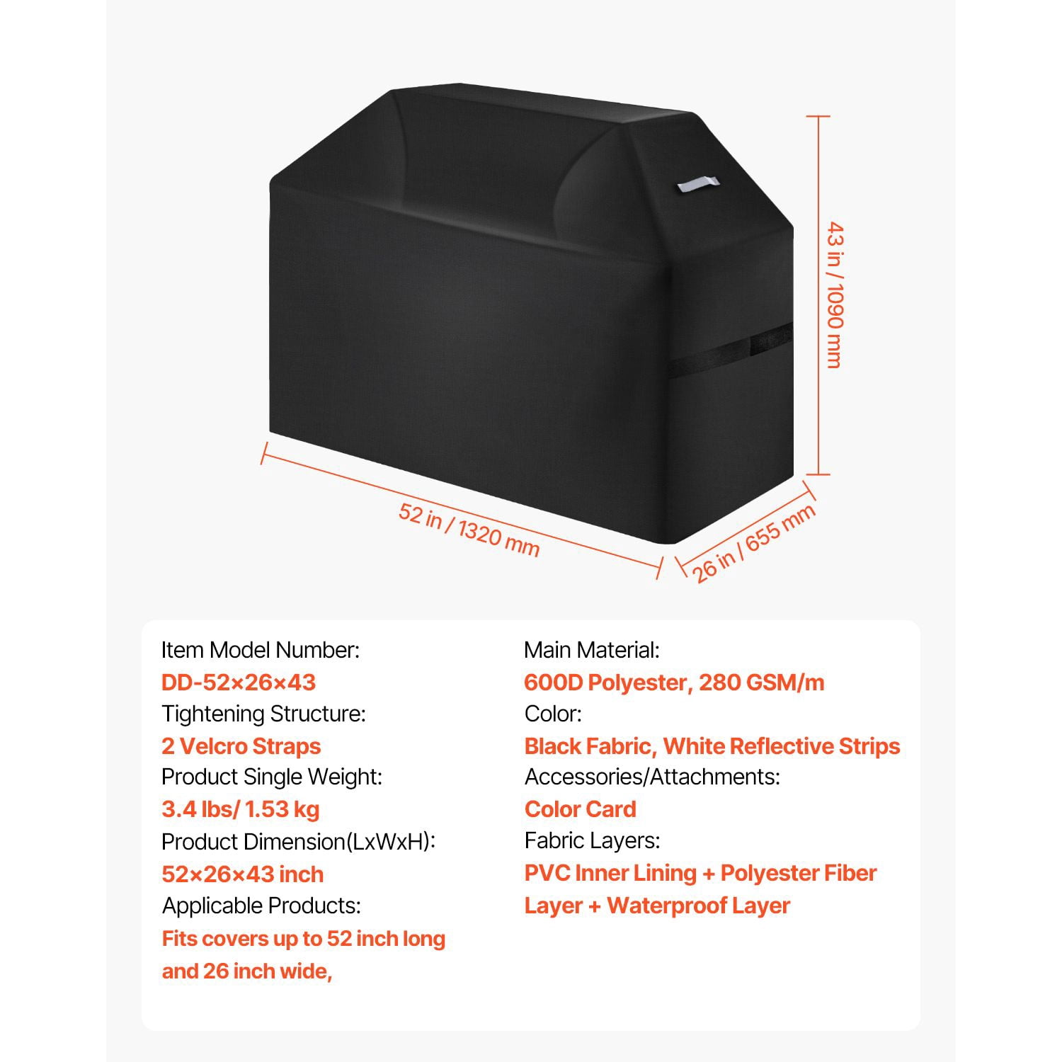 Heavy Duty Grill Cover 52x26x43 Inch 600D Polyester 5-Layer Waterproof Hook and Loop Tapes Windproof for Outdoor BBQ Gas Grill