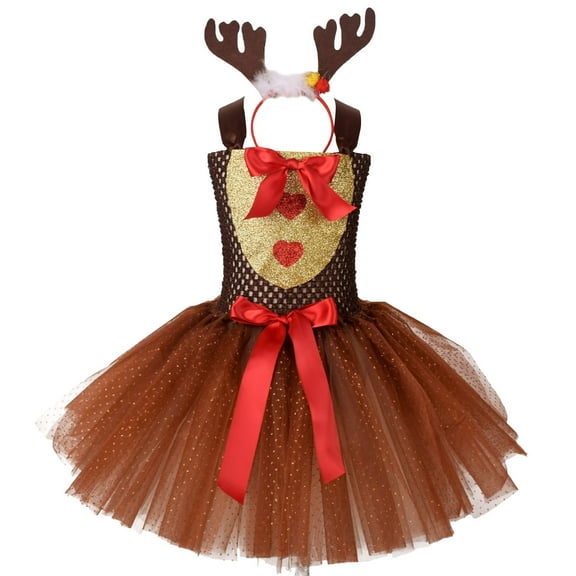 Wuxian Girls Christmas Deer Tutu Dress Sleeveless Cute Bows Tulle Dresses With Headband Fashionable Cozy Princess Outfits Winter Dress,Brown,12-18 Months