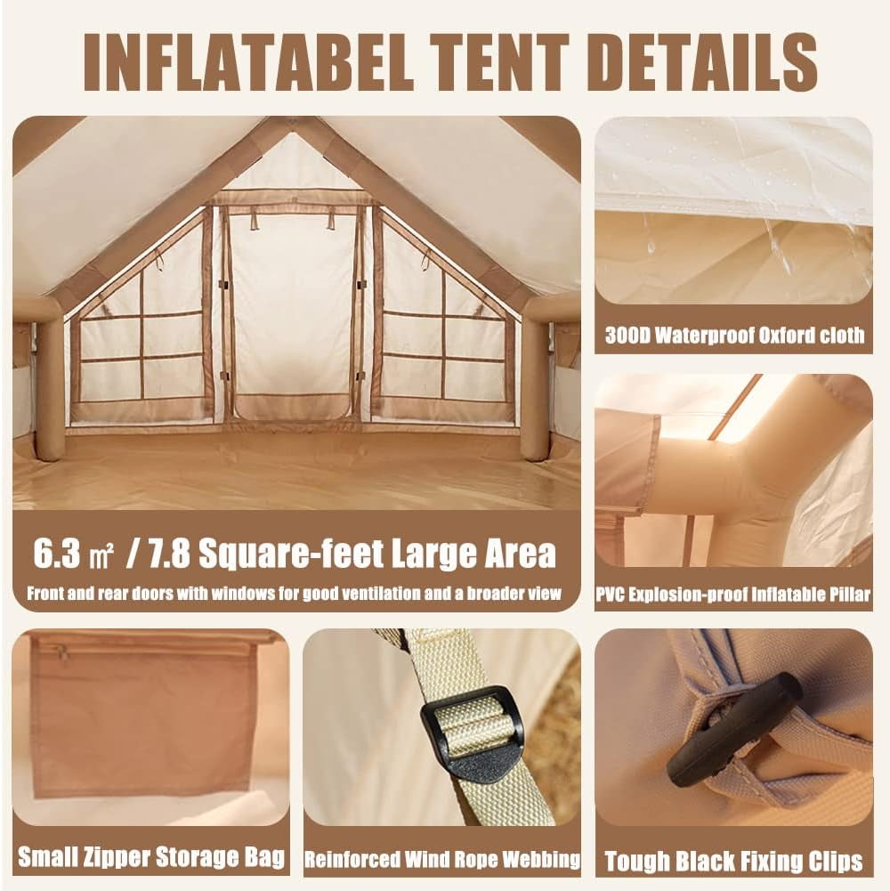 Inflatable Camping Tent, Inflatable Tent for Camping with Hand Pump, Easy Setup, 4 Season Waterproof Windproof Oxford Air Tent Cabin House for Outdoor Camping Adult, Fit for 4-6 Person