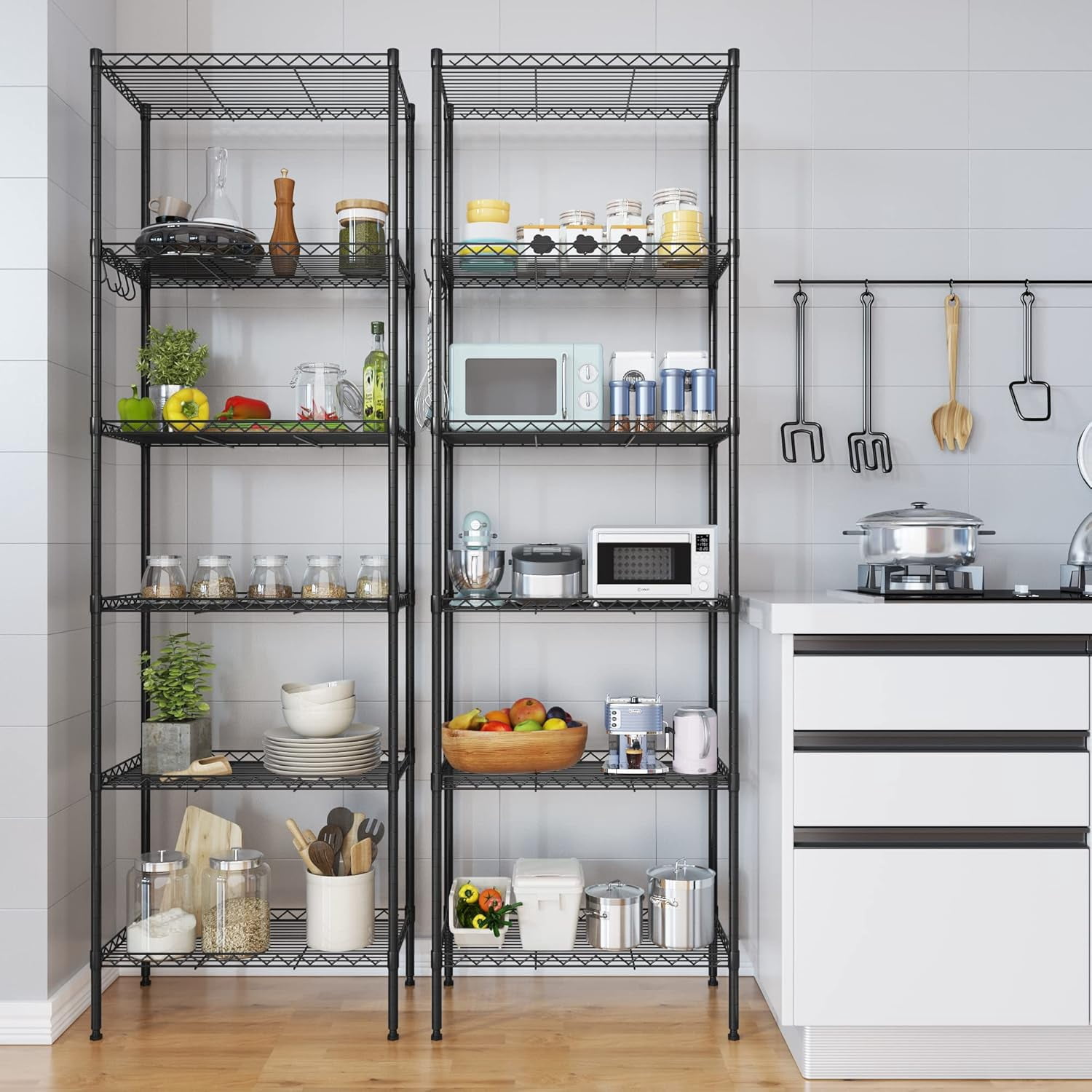 Sailvan 6-Tier 63"H Metal Storage Rack with Wheels, Slim Wire Shelving Unit for Pantry Kitchen Bathroom, Adjustable Shelves with Hooks, 530lbs Cap,Black