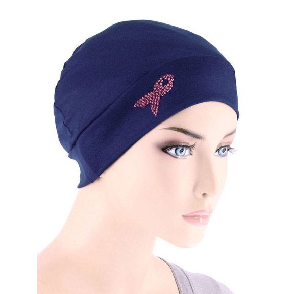 Chemo Cap Pink Ribbon Rhinestud in Navy Blue