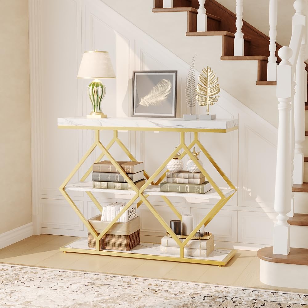 Litake 3-Tier Entryway Table, Industrial Console Sofa Table with Storage, Accent Table with Open Shelves, Diamond-Shaped Metal Frame, Foyer Table for Entryway, Hallway, White