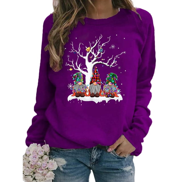 Innerwin Sweatshirts de Noël Imprimé Gnome pour Femmes Pull Col Rond Confortable Xmas Sweat-Shirt Violet TG