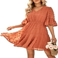 thumbnail image 3 of Femmes Midi Robe Manches Courtes V Cou Jacquard Solide Robe d'Été, 3 of 9
