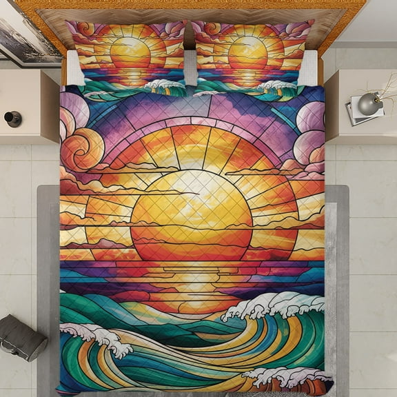 Lotusprinthandmade Ocean Sunset 3D Quilt Bedding Set (White Binding) 5 Sizes (Made in Vietnam) (55x60), Beach Coastal Decor