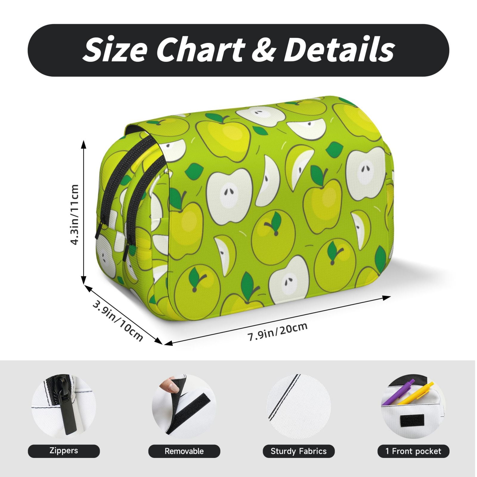 Kdxio Green Apple for Double Compartment Pen Case Oxford Organizer with Zipper Pockets for Students Artists