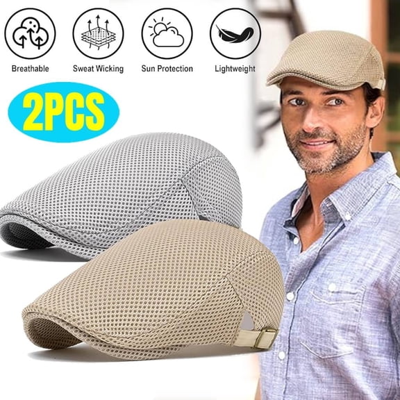 2PCS Mens Breathable Mesh Hat Adjustable Flat Cap Newsboy Beret Ivy Cap Irish Cabbie Fishing Hats
