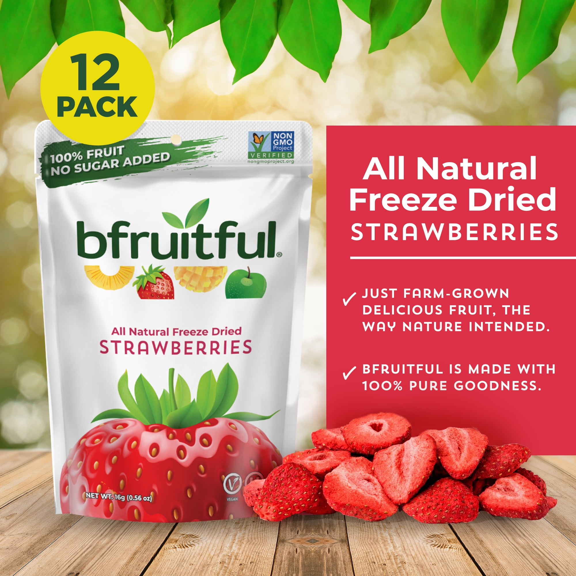Bfruitful Freeze Dried Strawberries, Gluten Free, 12 Single-Serve Bags, Crunchy Strawberry Flavor