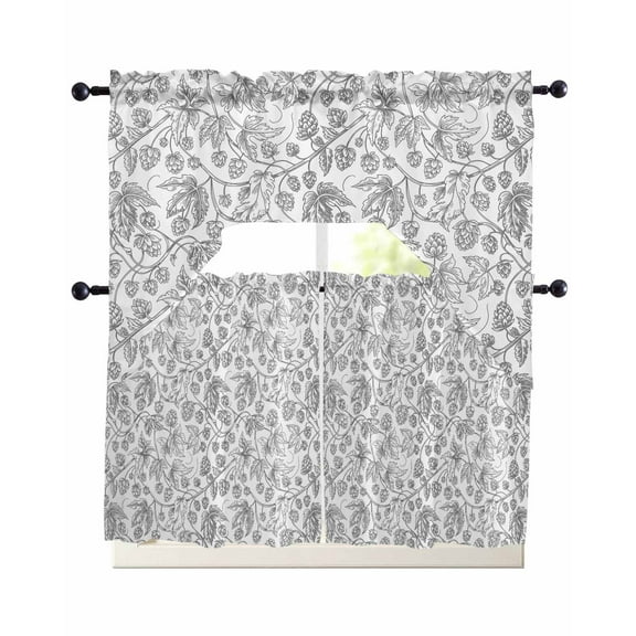 Gray Flowers Kitchen Curtains Sets 24 Inch Length with Valance, Farmhouse Pastoral Vintage Plants Branches Swag Valances and Tiers Curtain Set Drapes Swag Curtains for Living Room, Bathroom, Bedroom