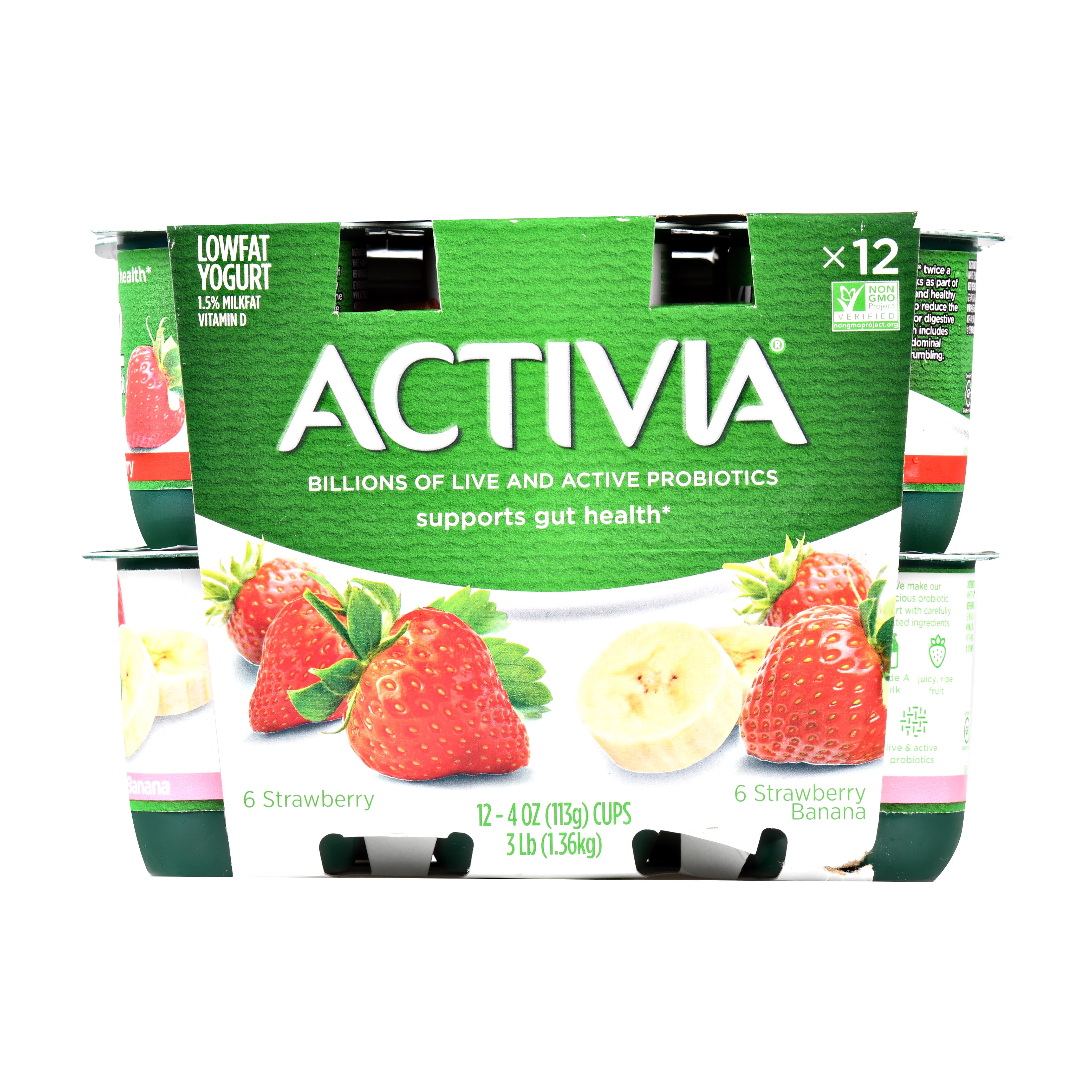 Activia Lowfat Strawberry/Strawberry Banana Probiotic Yogurt, 4 oz, 12