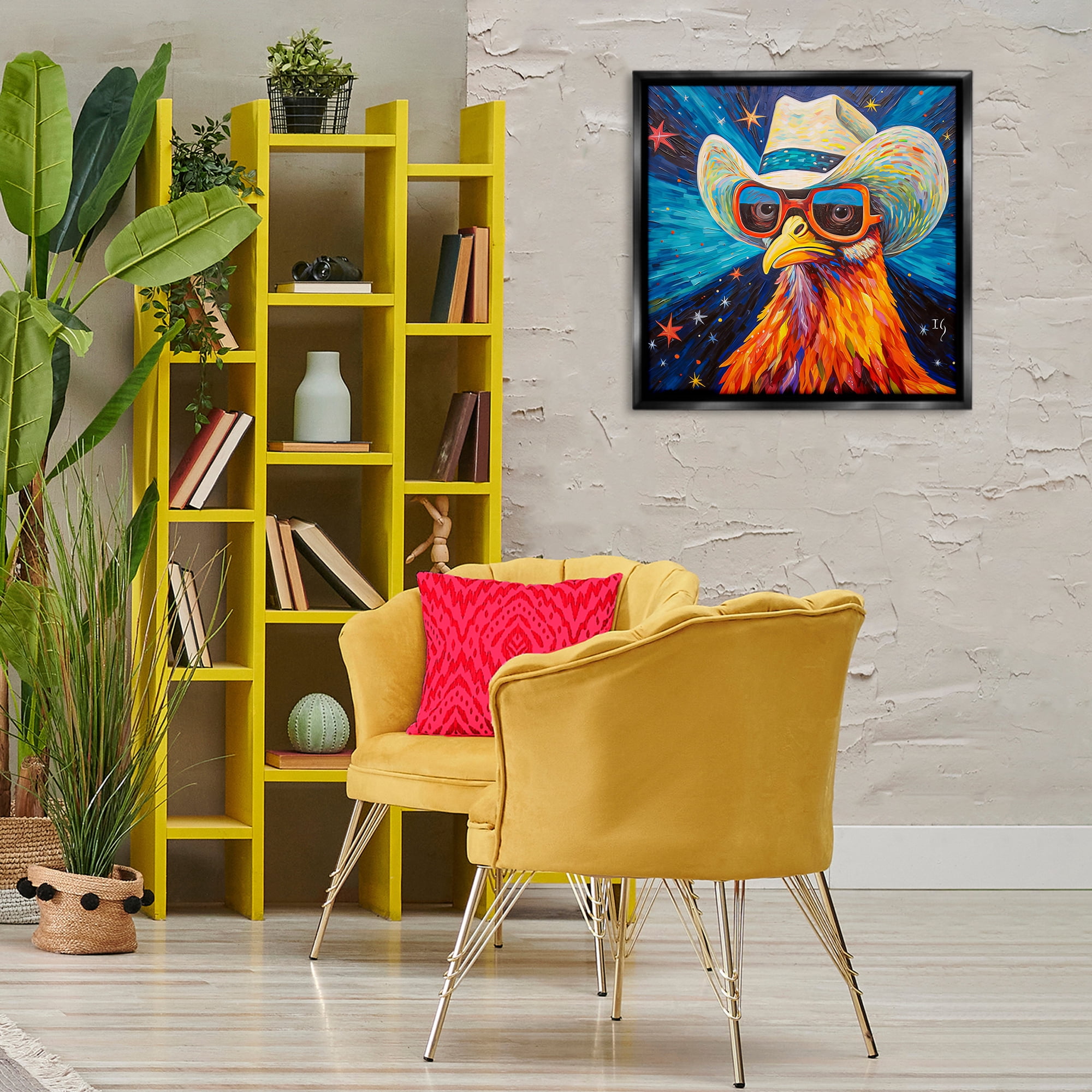 Stupell Industries Cowboy Chicken with Stars Animals & Insects Painting Black Floater Framed Canvas Art Print Wall Art, 25 x 25