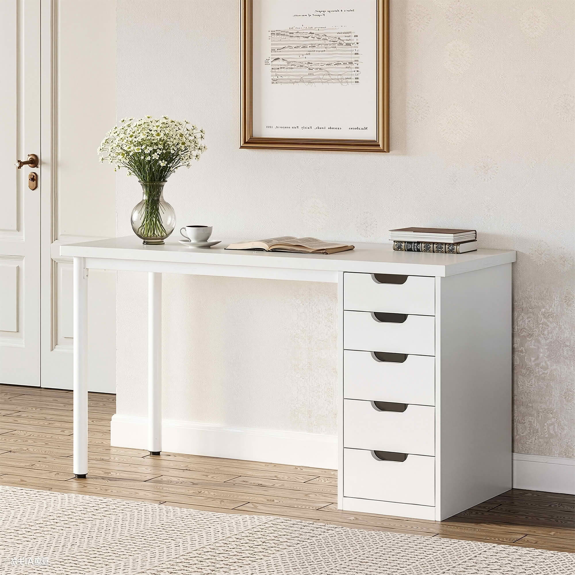 MAYEERTY 47 Inch Modern Computer Desk with 5 Reversible Drawers, Rustic Brown Writing Table for Home Office
