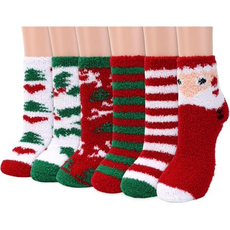 6 Pairs Womens Warm Fuzzy Christmas Socks Soft Cozy Fluffy Holiday Festive Santa Slipper Socks House Sleep Crew Socks
