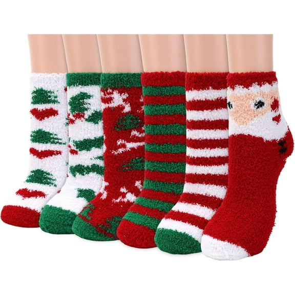 6 Pairs Womens Warm Fuzzy Christmas Socks Soft Cozy Fluffy Holiday Festive Santa Slipper Socks House Sleep Crew Socks