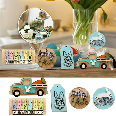 Easter Saving Clearance 2025! Pretxorve 2025 Easter Layered Wooden Ornament Tray Decorative Easter Bunny 5-Piece Set