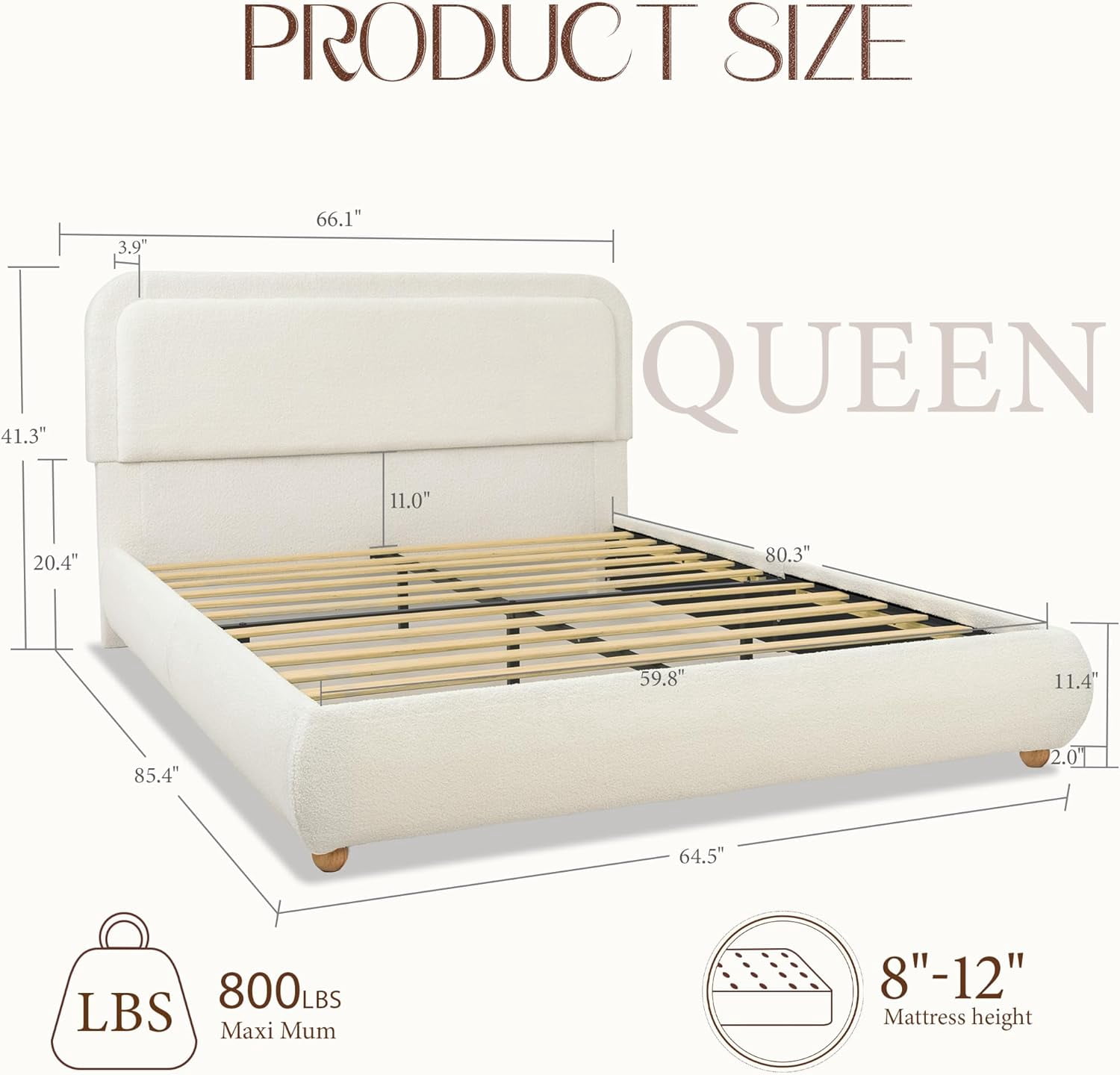 XIAO WEI Queen Cloud Bed Frame - Boucle Upholstered, No Box Spring